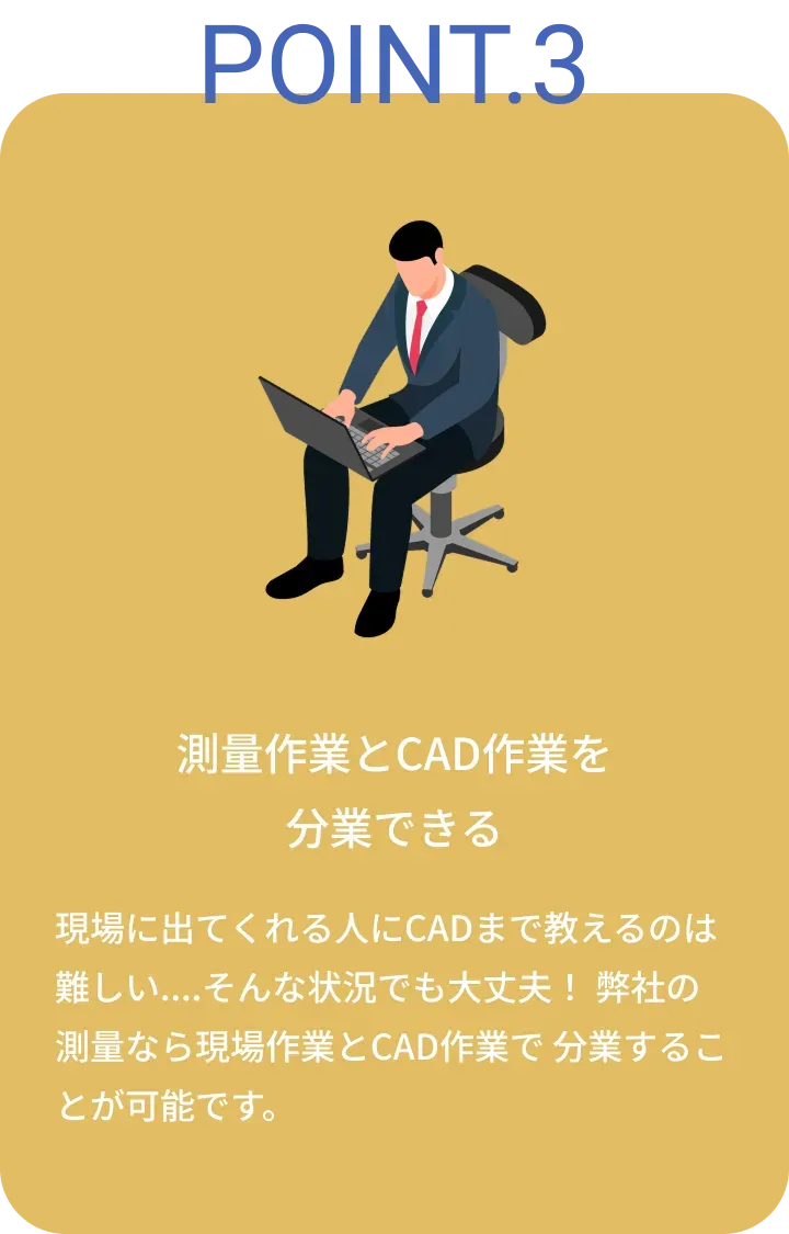 測量作業とCAD作業を分業できる。現場に出てくれる人にCADまで教えるのは難しい....そんな状況でも大丈夫！弊社の測量なら現場作業とCAD作業で分業することが可能です。